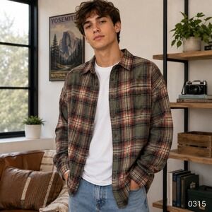 Abercrombie & Fitch Soft A&F Flannel Shirt Olive Orange Plaid Mens Small 0315